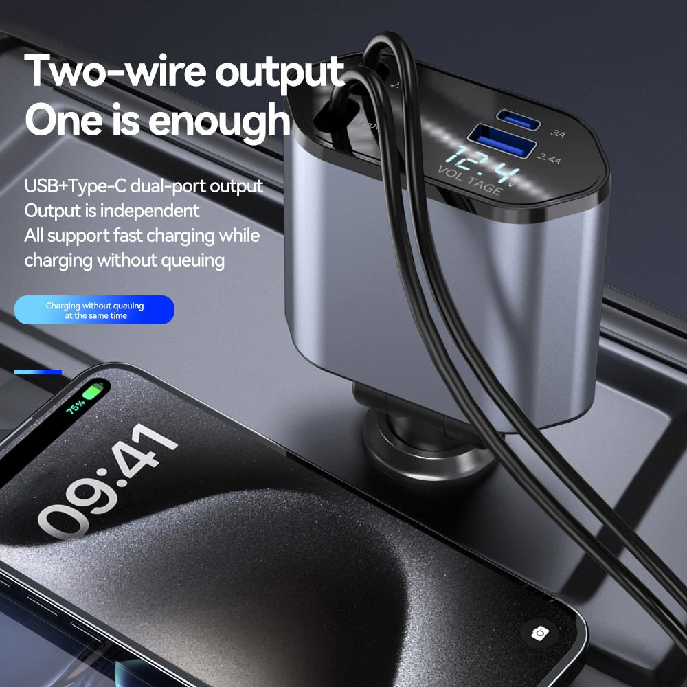 120W 4 in 1 Car Charger Retractable Car Cigarette Lighter Adapter USB Type C Fast Charger Cable for Iphone Xiaomi Huawei Samsung