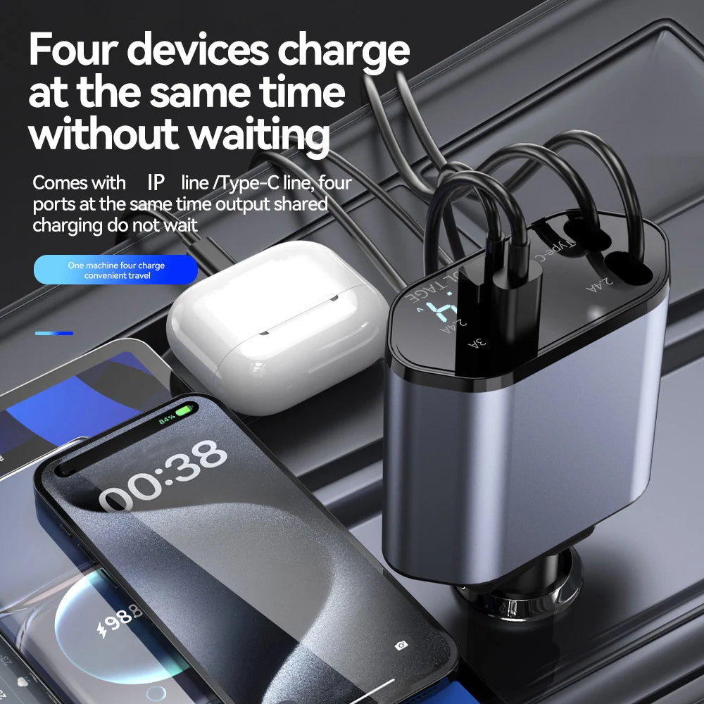120W 4 in 1 Car Charger Retractable Car Cigarette Lighter Adapter USB Type C Fast Charger Cable for Iphone Xiaomi Huawei Samsung