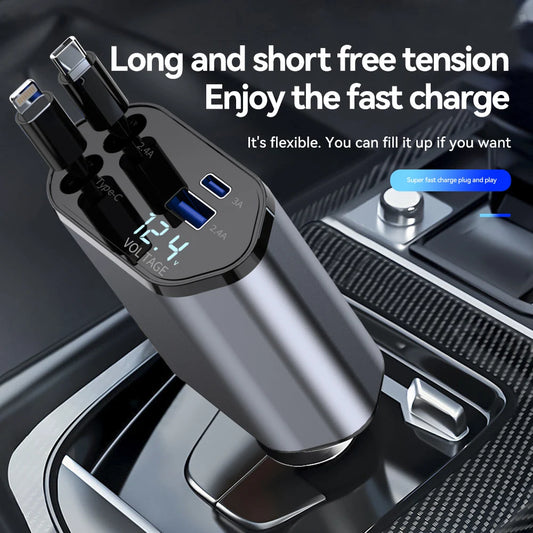 120W 4 in 1 Car Charger Retractable Car Cigarette Lighter Adapter USB Type C Fast Charger Cable for Iphone Xiaomi Huawei Samsung