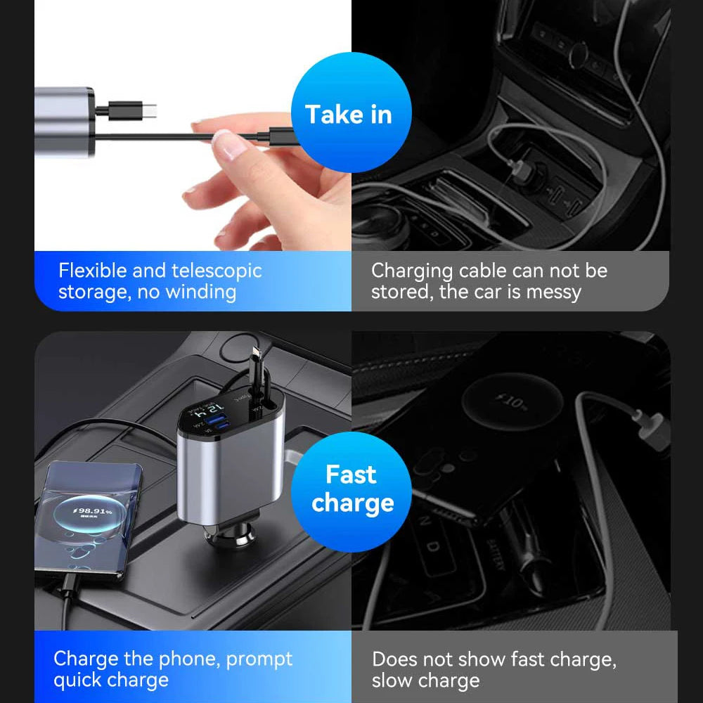 120W 4 in 1 Car Charger Retractable Car Cigarette Lighter Adapter USB Type C Fast Charger Cable for Iphone Xiaomi Huawei Samsung